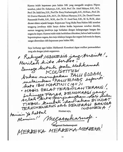 Tulisan tangan Megawati dalam dokumen pendapat sahabat pengadilan (amicus curiae)yang diserahkan kepada MK.