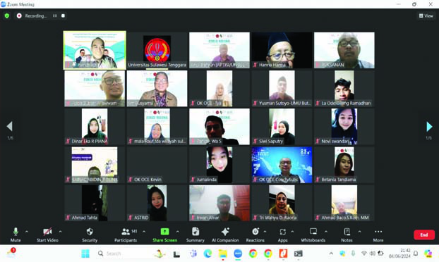 Suasana Diskusi Nasional melalui Zoom Meeting dengan tema Menumbuhkan Generasi Pencipta Lapangan Kerja Melalui Kewirausahaan di Kampus. (UNSULTRA FOR KENDARI POS)