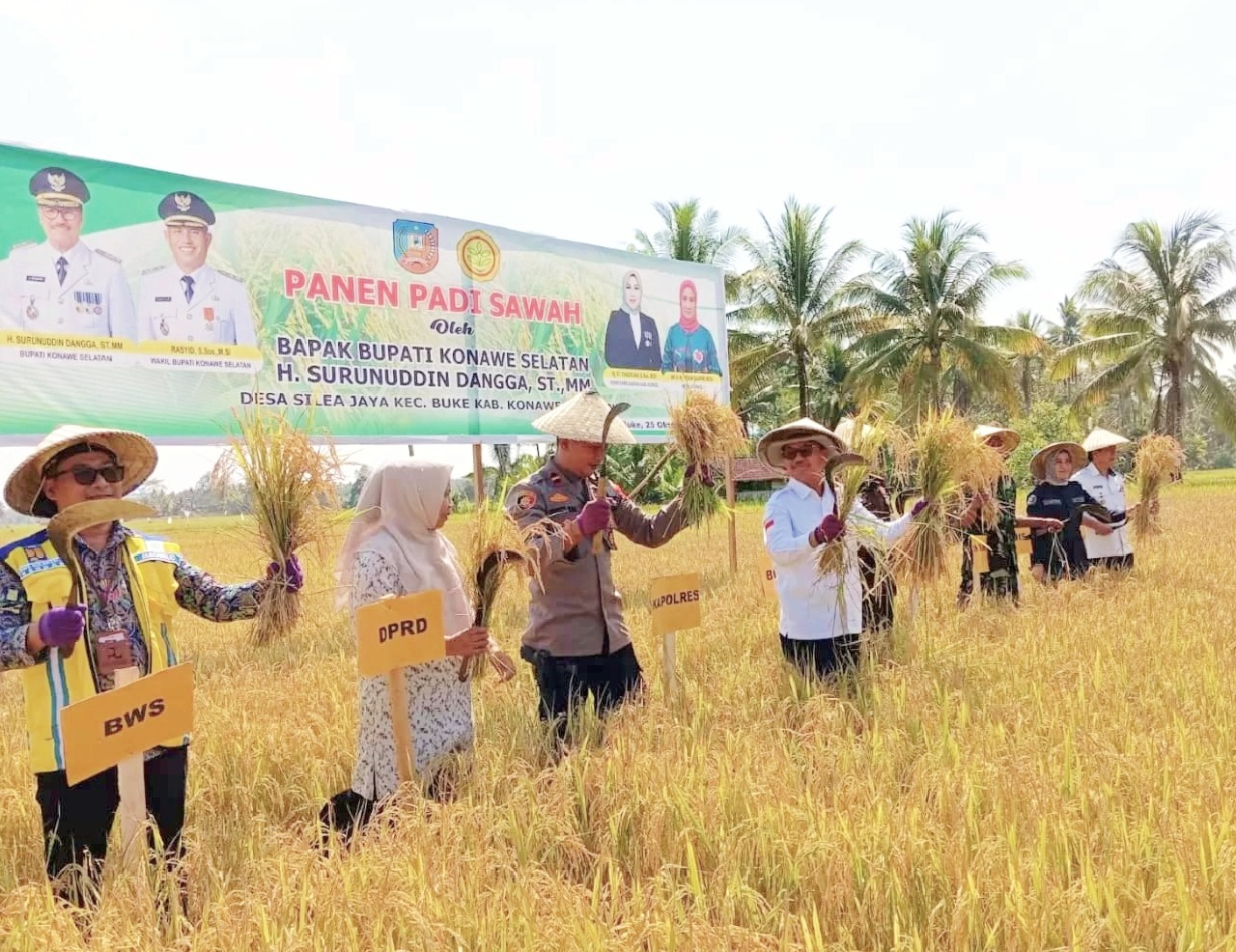 Bupati Konsel Surunuddin Dangga (4 dari kiri) bersama Forkopimda Konsel panen raya padi sawah di Desa Silea Jaya, Kecamatan Buke, belum lama ini. (HUMAS PEMKAB KONAWE)