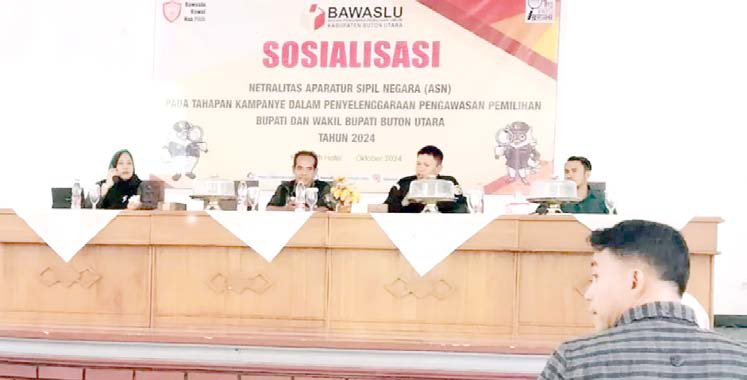 PAHAMI PERAN : Sosialisasi terkait netralitas ASN yang digelar Bawaslu Butur dan dihadiri Plh. Sekretaris Kabupaten, La Nita. (DINAS KOMINFO KABUPATEN BUTON UTARA FOR KENDARI POS)