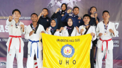 Mahasiswa UHO yang berhasil menyabet sejumlah medali di Kejuaraan Taekwondo Nasional Unhas Cup 2025. (DOK HUMAS UHO)