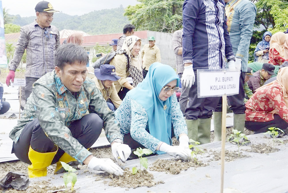 TEKAN TENGKES : Kegiatan peluncuran program pemberian makanan bergizi gratis kepada anak sekolah dan penanaman di lahan tak produktif hingga pelepasan benih ikan yang dilakukan Pj Bupati Kolut, Yusmin, kemarin. (DISKOMINFO KABUPATEN KOLAKA UTARA FOR KENDARI POS)